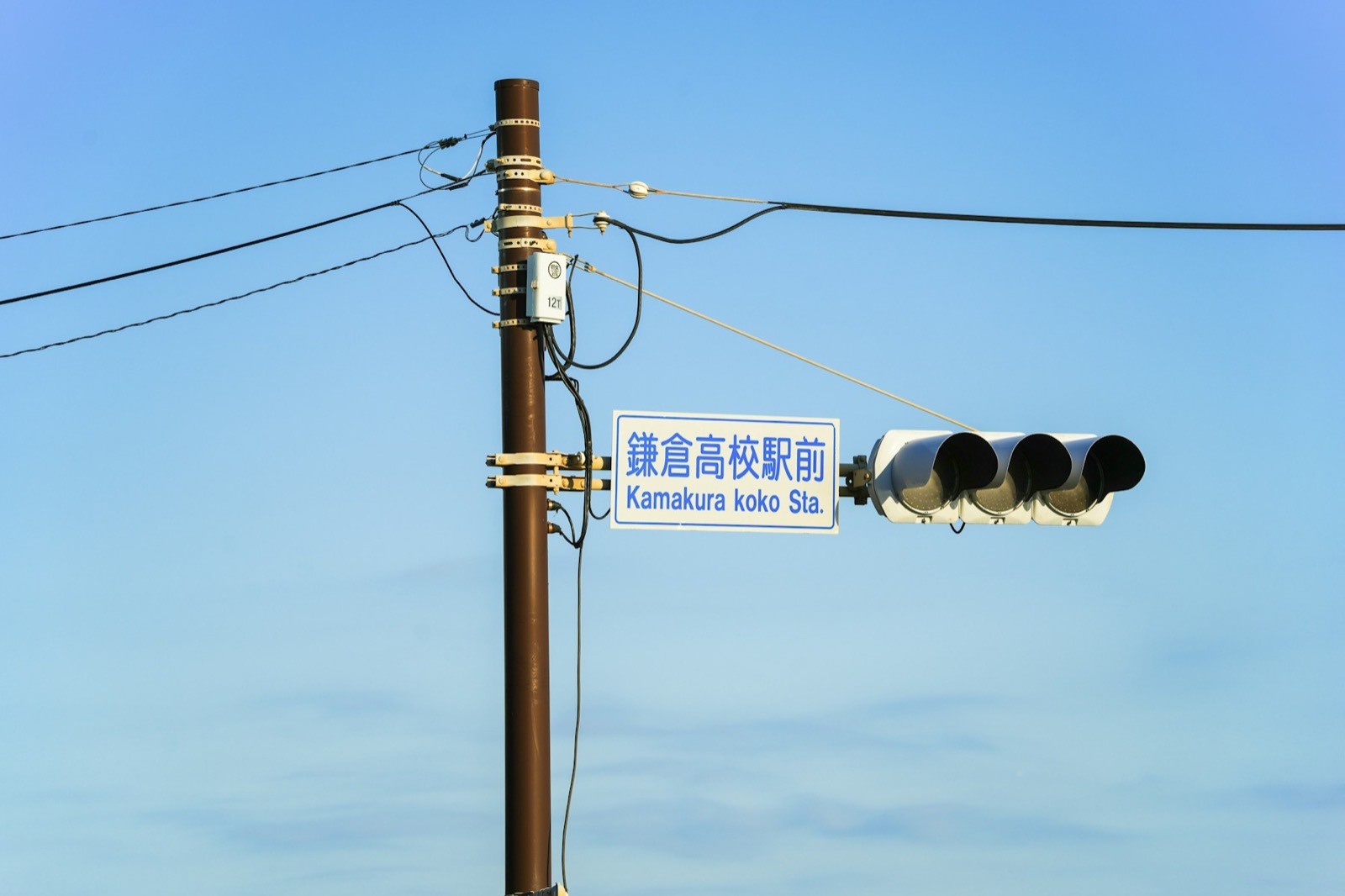 Street sign and traffic light mounted on a roadside pole